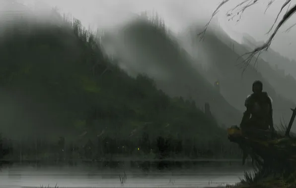 Картинка горы, огни, туман, озеро, оружие, холмы, человек, дома