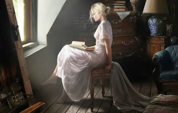 Картинка девушка, комната, окно, книга, профиль, сидит, читает