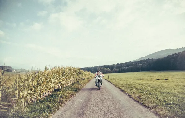 Дорога, поле, солнце, облака, кукуруза, мотоцикл, мужчина, ферма