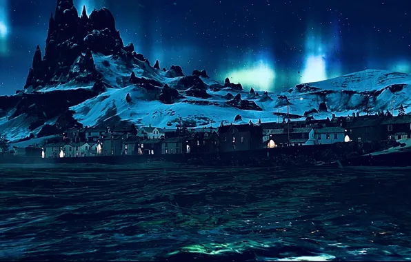 HDR, House, Sky, Stars, Winter, Mountain, Snow, Game