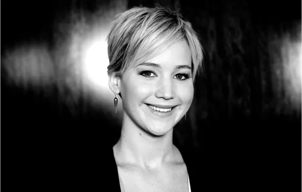 Девушка, лицо, улыбка, актриса, черно-белое, Jennifer Lawrence, Дженнифер Лоуренс