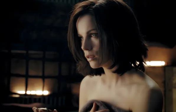 Картинка Kate Beckinsale, Underworld, women, closeup, Selene, bare shoulders, upscaled, parted lips