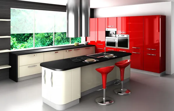 Красный, стиль, стол, стулья, окно, кухня, гарнитур