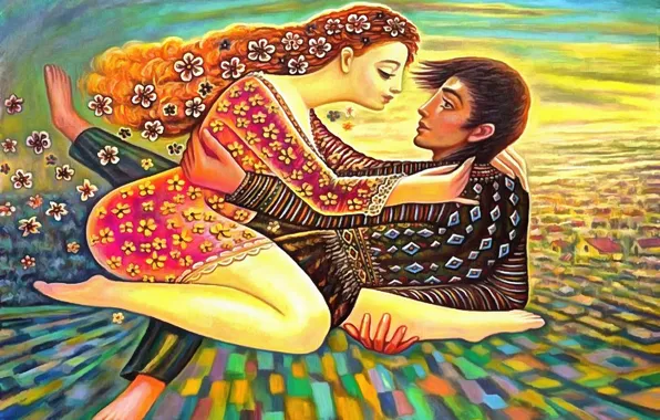 Картинка цветы, мужчина, Женщина, Севад Григорян, Сказочный полёт над землёй
