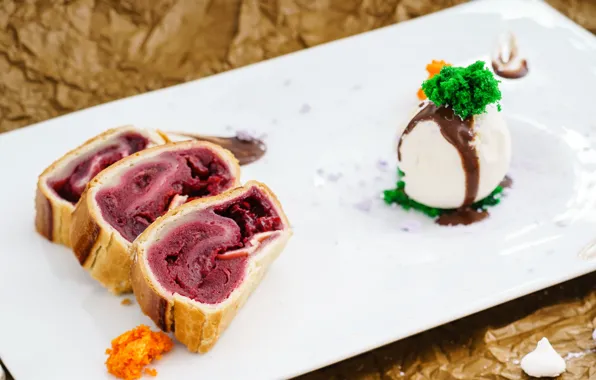 Вишня, шоколад, тарелка, пирог, мороженое, десерт, сладкое, chocolate