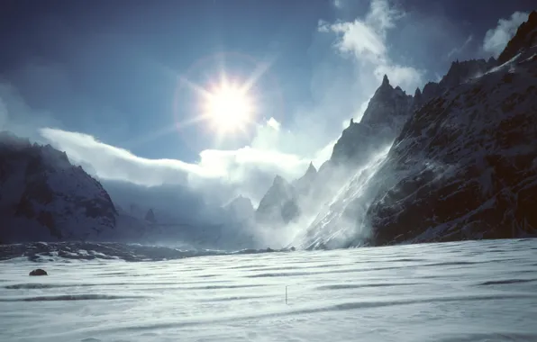 Картинка солнце, облака, снег, горы