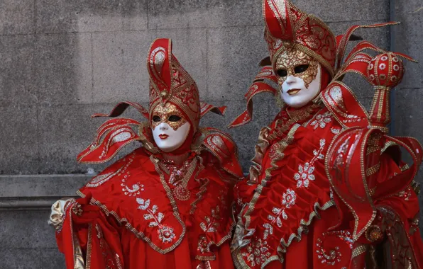 Картинка красный, маска, пара, костюм, Венеция, карнавал