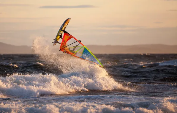Waves, sea, splash, sunlight, windsurfing, extreme sport, windsurfer
