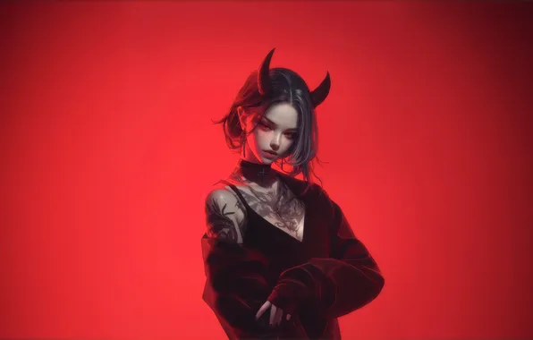 Картинка AI Art, AI Generated, Anime, Girl, Tattoo, Anime Girl, Red Background, Horn