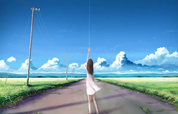 Картинка дорога, небо, девушка, облака, природа, столбы, провода, рука