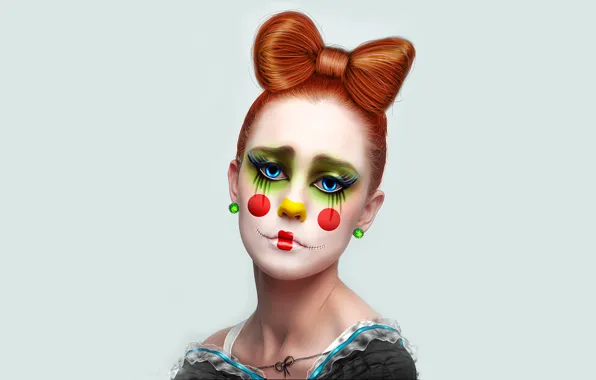 Картинка девушка, серьги, клоун, рыжие волосы, бант, швы, Clown