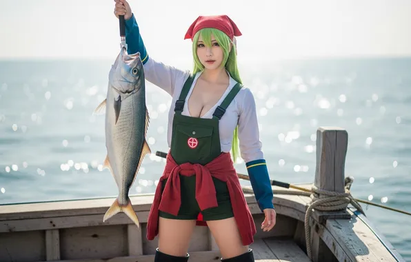 Asian, sea, fish, boat, fisherman, green hair, AI art