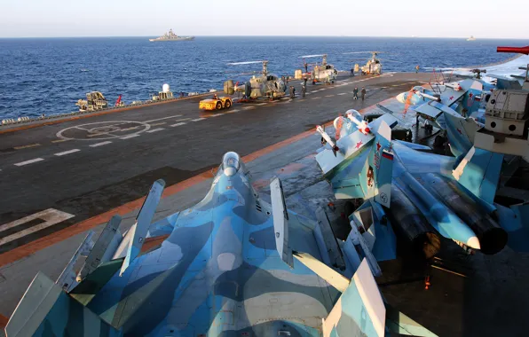 Картинка море, истребитель, крейсер, Тяжёлый, Су-33, Ка-29, авианесущий, Адмирал Кузнецов