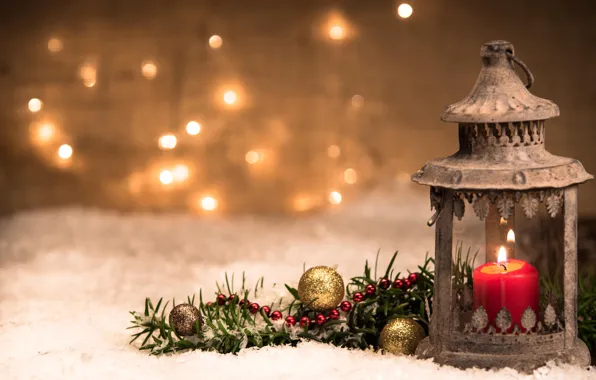 Картинка шарики, свеча, ветка, Рождество, фонарь, Новый год, боке