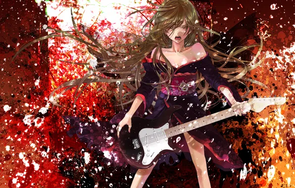 Картинка гитара, Девушка, пояс, кимоно, длинные волосы