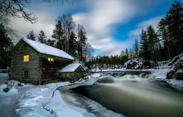 Картинка зима, лес, снег, пейзаж, природа, дом, река, вечер