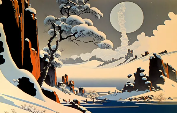 Картинка зима, солнце, снег, дерево, дым, Япония, Japan, живопись