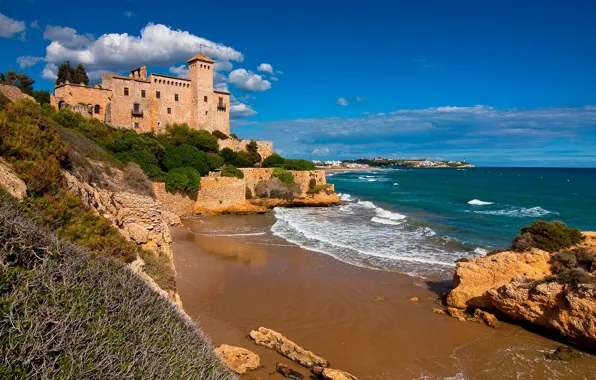 Картинка замок, побережье, Испания, Spain, Catalonia, Балеарское море, Costa Dorada, Таррагона