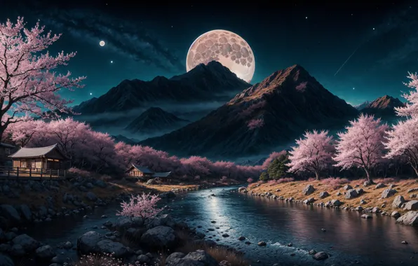 Moon, house, forest, river, landscape, nature, water, night