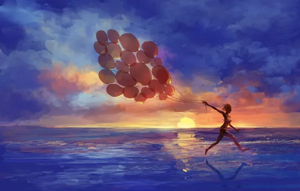 Картинка море, девушка, закат, воздушные шары, эмоции, арт, бег