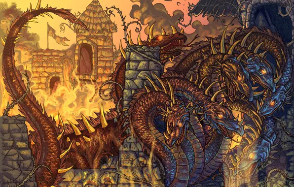 Картинка огонь, сказка, крепость, змей горыныч