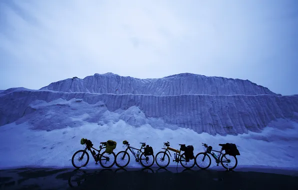 Картинка снег, пейзаж, велосипеды