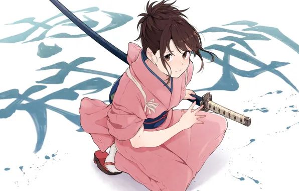 Girl, sword, weapon, anime, katana, samurai, artwork, Gintama