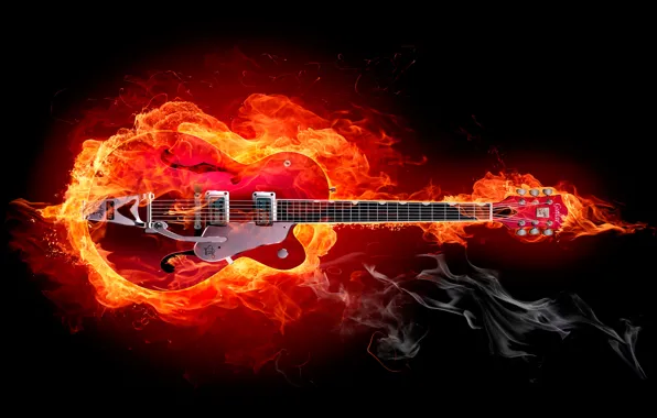 Картинка огонь, красное, гитара