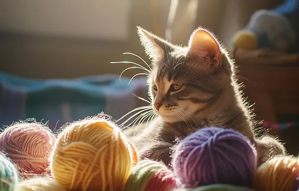 Кошка, взгляд, свет, поза, котенок, серый, комната, лежит
