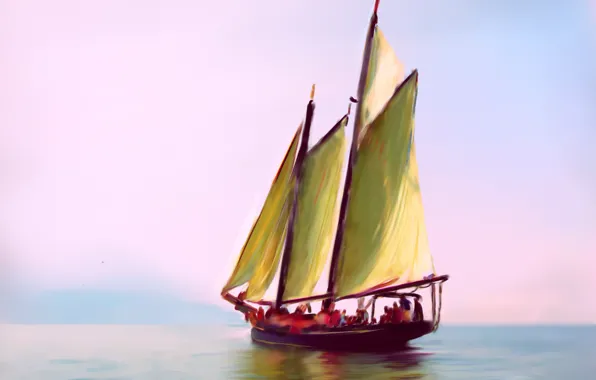 Море, небо, пейзаж, лодка, рисунок, картина, яхта, парус