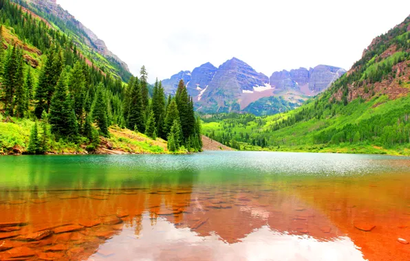 Картинка лес, вода, горы, озеро, камни, скалы, дно, ущелье
