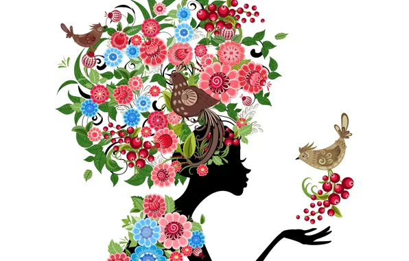 Картинка девушка, цветы, птицы, абстракция, girl, flowers, birds, abstraction
