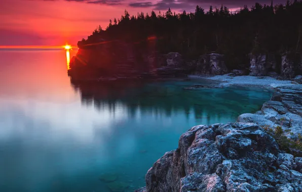 Лес, озеро, скалы, побережье, вечер, Canada, Ontario, Bruce Peninsula National Park