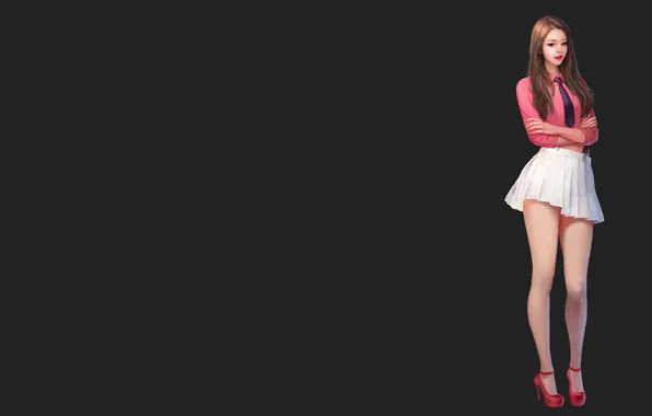 Women, brunette, digital art, artwork, heels, tie, thighs, simple background