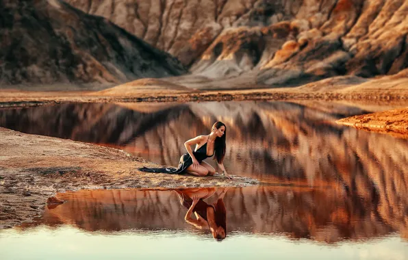 Картинка девушка, поза, озеро, отражение, река, платье, Dmitry Arhar, Дмитрий Архар