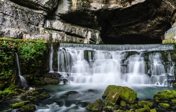 Картинка камни, скалы, Франция, водопад, мох, Saut du Doubs