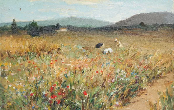Пейзаж, горы, картина, Марсель Диф, Фигуры среди цветов в Провансе