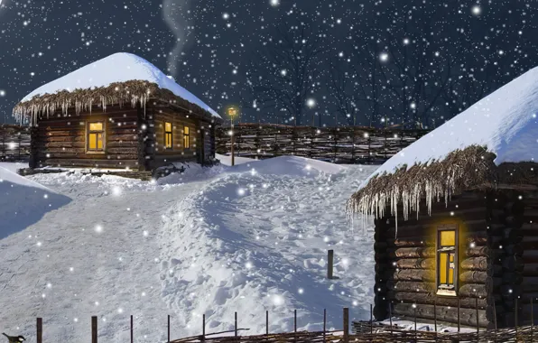 Снег, Деревня, Snow, Зимний вечер, Village, Winter evening