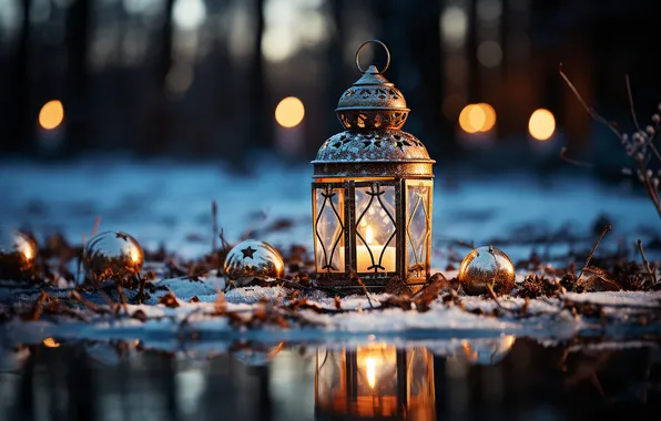 Картинка зима, снег, ночь, Рождество, фонарь, Новый год, Christmas, night
