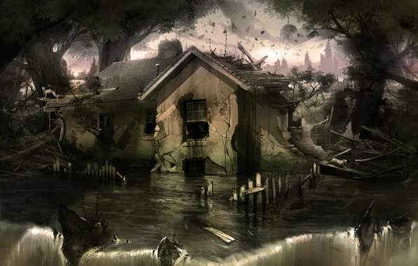 Картинка вода, дом, камни, водопад, арт, потоп, руины, мрачно