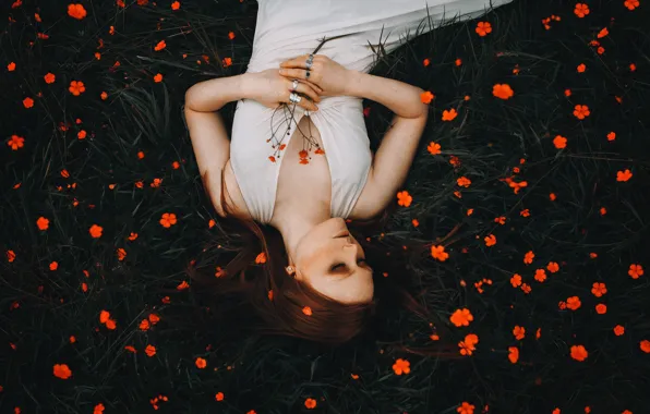 Картинка девушка, цветы, настроение, рыжая, рыжеволосая