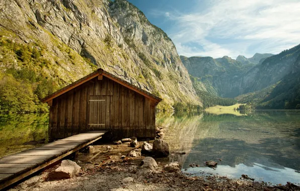 Water, mountains, quiet, Lake, House of wood