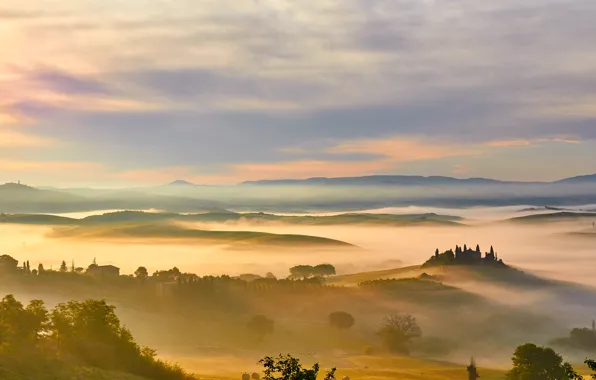 Туман, рассвет, поля, утро, Италия, луга, Тоскана, Toscana