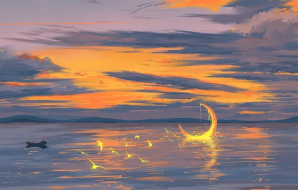 Небо, вода, птицы, фэнтези, полумесяц, кораюль