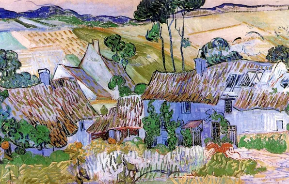 Картинка провинция, Винсент ван Гог, Thatched Cottages, by a Hill