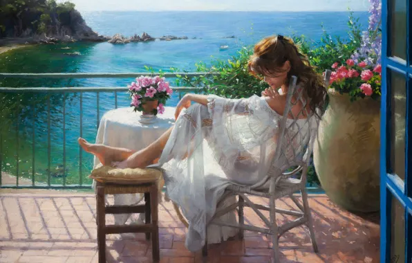 Картинка girl, dress, sea, landscape, art, flowers, barefoot, chair