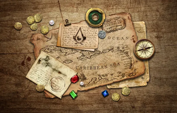Картинка камни, стол, карта, монеты, записи, компас, Black Flag, Assassin's Creed IV