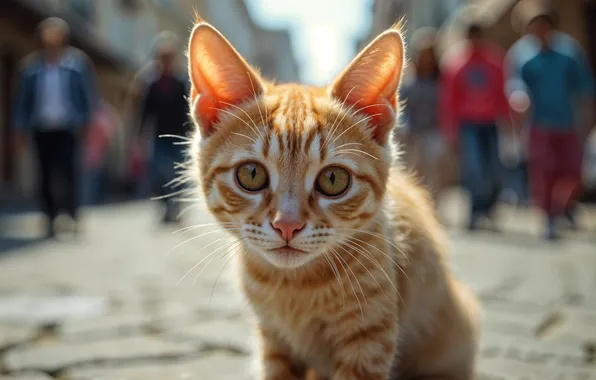 Кошка, взгляд, свет, город, поза, котенок, люди, улица
