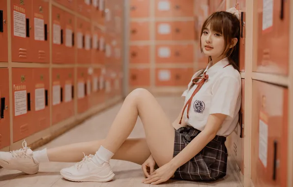 Картинка school uniform, legs, ponytail, model, women, brunette, skirt, depth of field