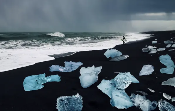 Море, берег, лёд, виндсерфер